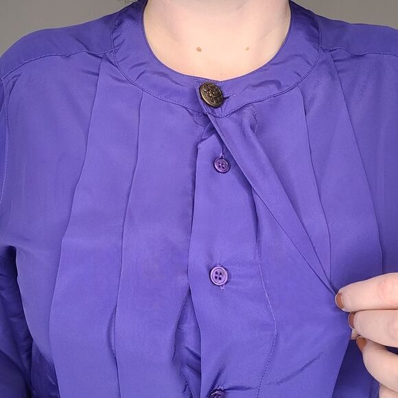 VINTAGE 90s blouse bright purple pleated button up secretary top XL - Picture 5 of 12